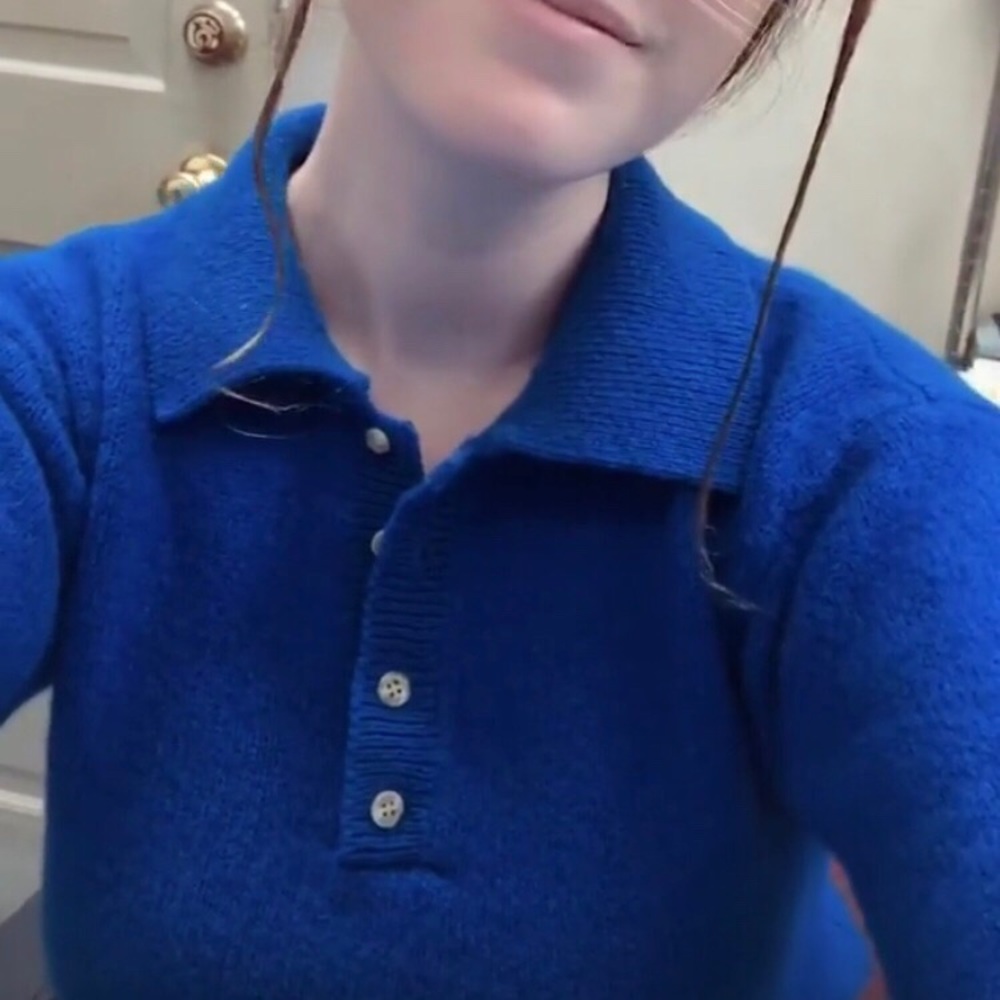 Retro Blue 100% Wool Collar Sweater - Picture 5 of 6